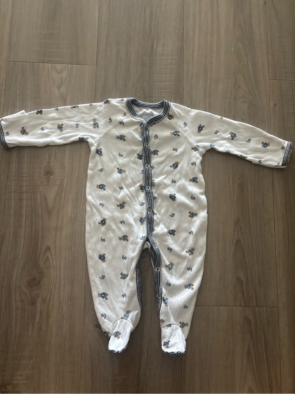 Ralph Lauren 3m White & Blue Printed Footed One-Piece for Kids